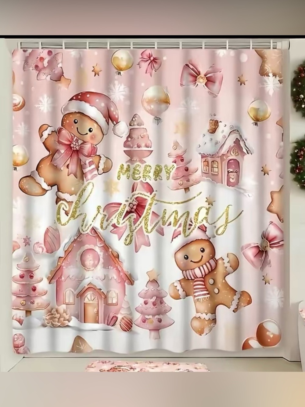 Holiday Gingerbread Shower Curtain - Pink Christmas & toilet seat cover & botto